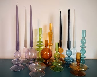 Vintage / retro design coloured transparent glass candlestick holders