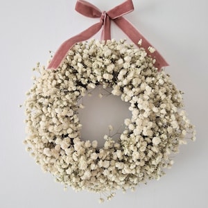 White Preserved Gypsophila Wreath – Natural Baby’s Breath Wreath – Rustic Farmhouse Wall Decor – Wedding & Bridal, First Communion Decor