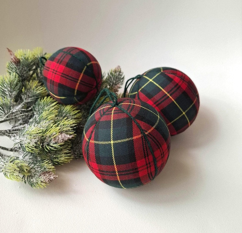 Tartan Red and Green Fabric Christmas Baubles – Pattern Bubbles – Ralph Lauren Style Ornaments – Traditional Tree Decorations image 1