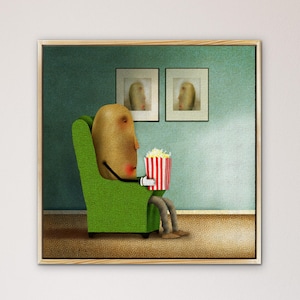 May include: A brown potato-shaped character sits in a green armchair, holding a red and white striped container of popcorn. The character is watching a screen, which is not visible in the image. Two framed pictures hang on the wall behind the character.