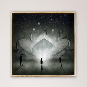 LOTUS- Elegant modern monochromatic painting of figures around magical healing meditative Lotus flower yoga art on Canvas