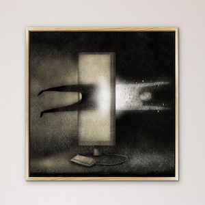 May include: A dark, grainy illustration of a computer monitor with a bright light emanating from the screen. A shadowy figure is being pulled into the screen, with binary code streaming out of the monitor.