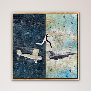 May include: A black and white illustration of a man running towards a jet plane. The background is a collage of letters and numbers. The man is running from the left side of the image to the right side of the image. The jet plane is flying from the right side of the image to the left side of the image.