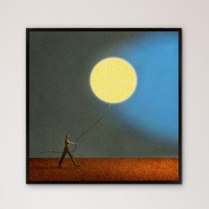 May include: A person in brown clothing walks across a red-brown surface, holding a string attached to a large, yellow circle in the sky. The sky is a gradient of blue and gray.