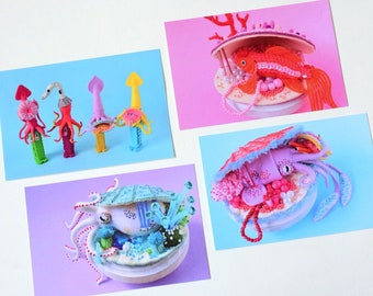 Four Postcard Set: Hiné's Soft Sculpture Collection E - poster wall-art octopus photo HineMizushima squid fish sea-creature seashell 水島ひね