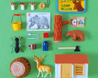 Print: Camping - Photograph Poster Nature Green Forest Woodland Deer Miniature Collage Woods Wall-decor Art Fall Autumn HineMizushima 水島ひね