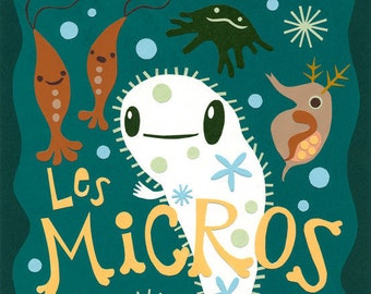 Print: Les Micros - illustration plankton microbe daphnia amoeba poster microbiology art wall-decor HineMizsuhima science wall-art 水島ひね
