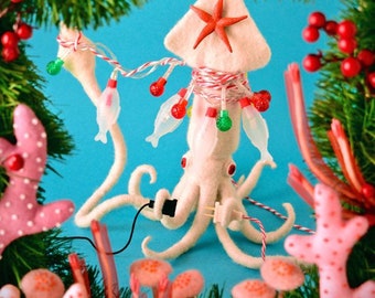 Print: Electric Squid -  Photograph Poster Holiday Diorama Art Blue Pink Red Mushroom Christmas HineMizushima Lights WallDecor Coral 水島ひね