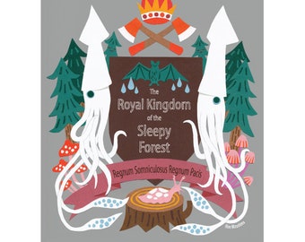 Print: The Royal Kingdom of the Sleepy Forest - Wall-Art Illustration WallDecor Squid Mushroom Crest Emblem Bat HineMizushima woods 水島ひね