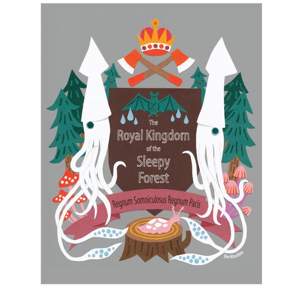 Print: The Royal Kingdom of the Sleepy Forest - Wall-Art Illustration WallDecor Squid Mushroom Crest Emblem Bat HineMizushima woods 水島ひね