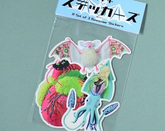 A Set of 3 Vinyl Stickers: squid art HineMizushima anatomical-heart bat laptop-decal stickerapp print 水島ひね ビニール ステッカー シール 解剖心臓 イカ コウモリ アート