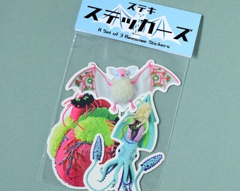A Set of 3 Vinyl Stickers: squid art HineMizushima anatomicalheart bat laptopdecal stickerapp print 水島ひね ビニール ステッカー シール 解剖心臓 イカ コウモリ アート