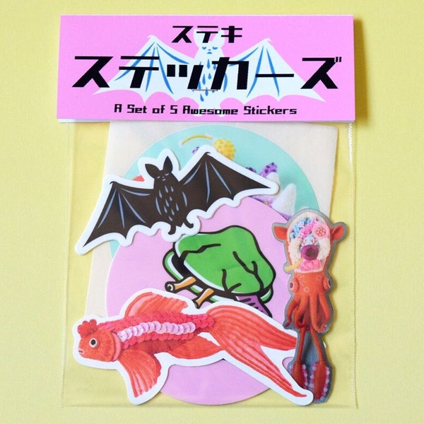 A Set of 5 Stickers: clam bat illustration art HineMizushima laptop-decal print shipping-label fish ant squid mushroom vinyl 水島ひね シール