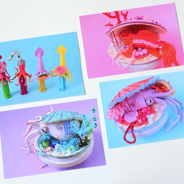 Four Postcard Set: Hiné's Soft Sculpture Collection E - poster wall-art octopus photo HineMizushima squid fish sea-creature seashell 水島ひね