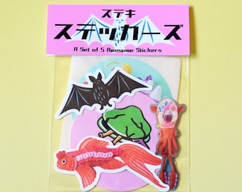 A Set of 5 Stickers: clam bat illustration art HineMizushima laptop-decal print label fish ant squid vinyl 水島ひね ビニールステッカー シール  イラスト イカ コウモリ