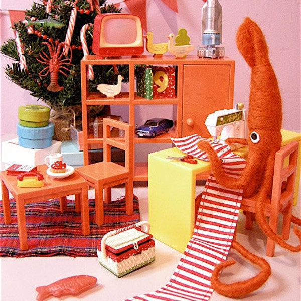 Print: Mr. Squid, a Crafter - Photograph Art Wall-decor Sewing Poster Diorama HineMizushima Craft Holiday Orange Wall-art 水島ひね ポスター イカ 手芸