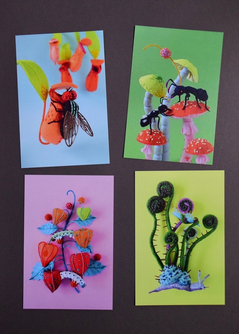 Four Postcard Set: Hiné's Soft Sculpture Collection F plants fiddlehead snail ant mushroom nepenthes physalis fly HineMizushima 水島ひね image 2