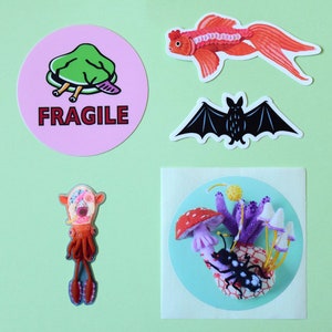 A Set of 5 Stickers: clam bat illustration art HineMizushima laptop-decal print shipping-label fish ant squid mushroom vinyl 水島ひね シール image 2