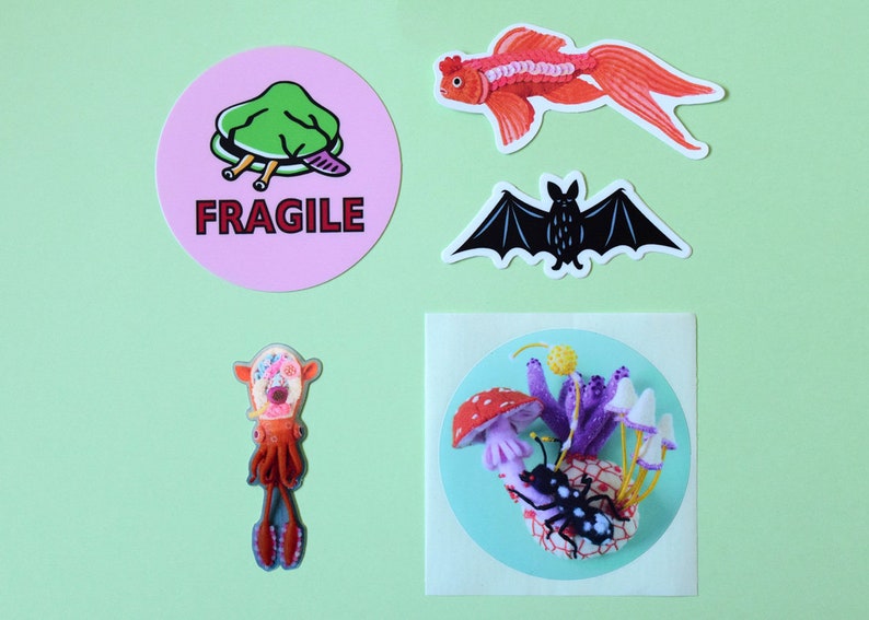 A Set of 5 Stickers: clam bat illustration art HineMizushima laptop-decal print shipping-label fish ant squid mushroom vinyl 水島ひね シール image 2