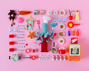 Print: Playful Cooking - photo poster miniature collage pink octopus retro chef kitchen wall-decor HineMizushima food wall-art 水島ひね タコ ポスター