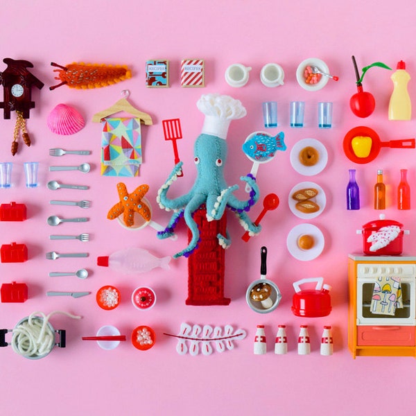 Print: Playful Cooking - photo poster miniature collage pink octopus retro chef kitchen wall-decor HineMizushima food wall-art 水島ひね タコ ポスター