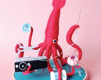 Print: Mr. Pink Squid, A Very Handy Crafter, Single - Digital Art Photograph Poster Craft Sewing Wall-decor HineMizushima Wall-art 水島ひね イカ