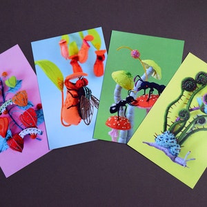 Four Postcard Set: Hiné's Soft Sculpture Collection F plants fiddlehead snail ant mushroom nepenthes physalis fly HineMizushima 水島ひね image 1