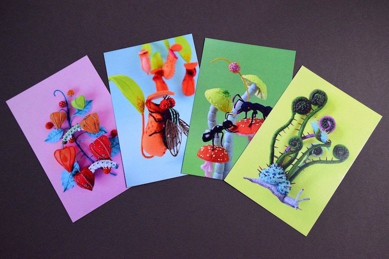 Four Postcard Set: Hiné's Soft Sculpture Collection F plants fiddlehead snail ant mushroom nepenthes physalis fly HineMizushima 水島ひね image 1