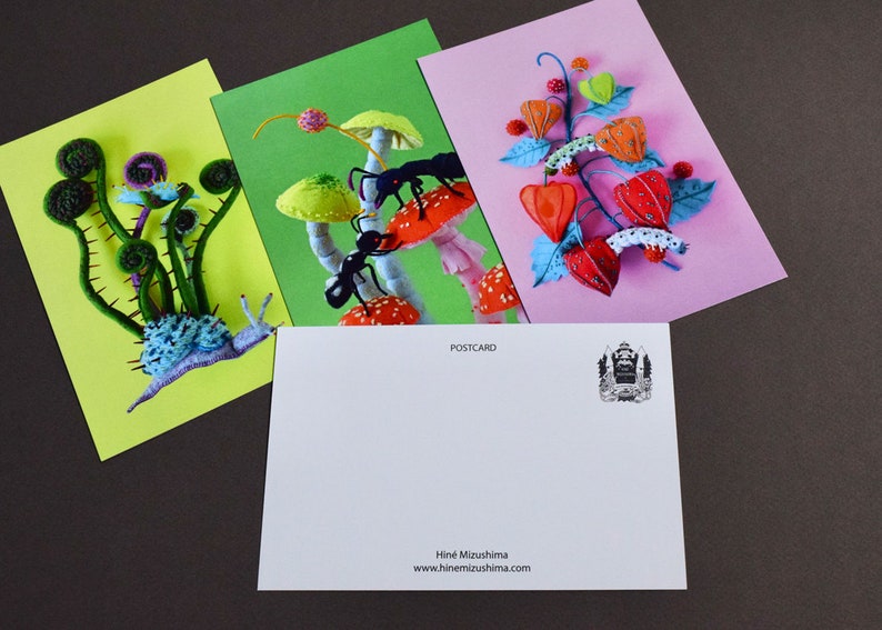 Four Postcard Set: Hiné's Soft Sculpture Collection F plants fiddlehead snail ant mushroom nepenthes physalis fly HineMizushima 水島ひね image 4