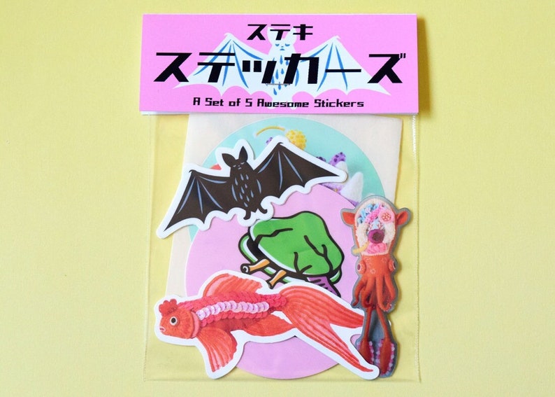 A Set of 5 Stickers: clam bat illustration art HineMizushima laptop-decal print shipping-label fish ant squid mushroom vinyl 水島ひね シール image 1