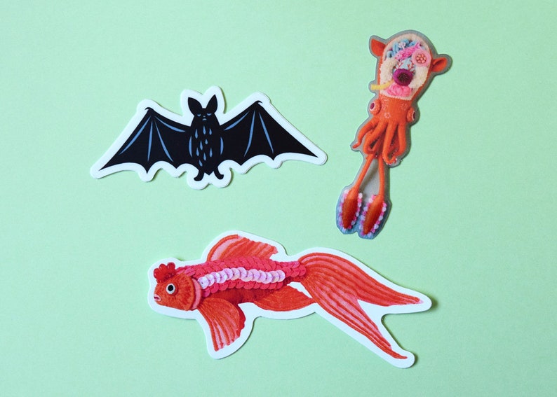 A Set of 5 Stickers: clam bat illustration art HineMizushima laptop-decal print shipping-label fish ant squid mushroom vinyl 水島ひね シール image 3