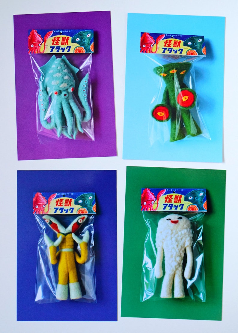 Four Kaiju Postcard Set photograph print HineMizushima space-monster sci-fi retro Japanese wall-art wall-decor toy stationary 水島ひね 怪獣 image 2