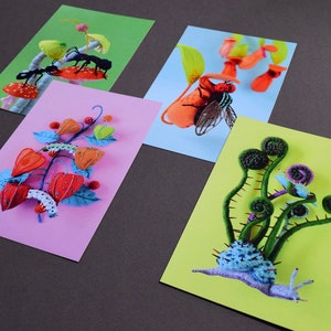 Four Postcard Set: Hiné's Soft Sculpture Collection F plants fiddlehead snail ant mushroom nepenthes physalis fly HineMizushima 水島ひね image 3