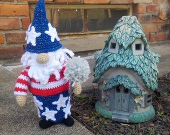Crocheted Fourth of July Garden Gnome, Patriot Gnome, Handmade Original Design, Stuffed Gnome Holding Sparkler. Red, White and Blue. Fantasy