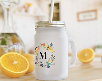 Pot Mason floral personnalisé 12 oz - Pot en verre avec fleurs initiales personnalisées - Cadeau d'anniversaire parfait, respectueux de l'environnement, couvercle étanche