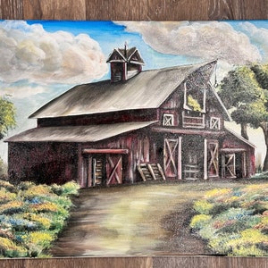 Encanto rústico: El gran granero rojo - Pintura acrílica original sobre lienzo