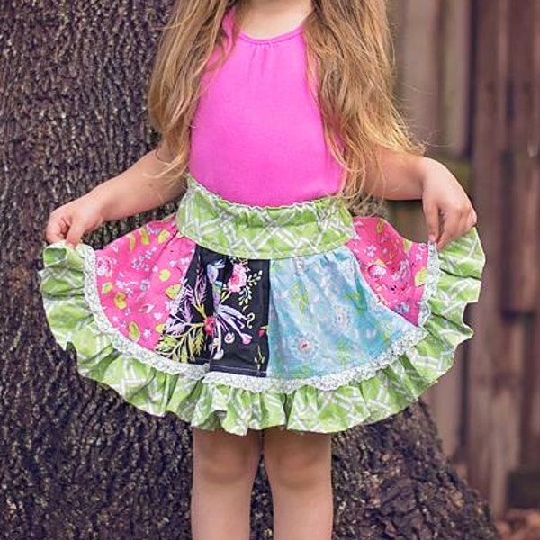Stripwork Skirt - Twirly circle skirt with ruffle - PDF Sewing Pattern Instant Download - 6 months - 14 tween