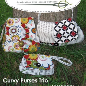 May include: Three colorful fabric purses with black polka dots. The largest purse is a messenger bag with a white, black, and red geometric pattern. The middle purse is a smaller bag with a floral pattern. The smallest purse is a wristlet with a floral pattern. The text "Curvy Purses Trio" is at the bottom of the image. The text "Messenger Purse Wristlet" is below the text "Curvy Purses Trio".