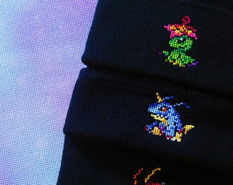 Digimon Cross Stitch Beanie, Handmade Embroidered hat for anime fan gift