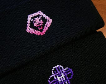 Handmade Pixelated Anime Beanie Hats / Kpop Demon Hunters / Huntrix & Saja Boys logo cross-stitch hats