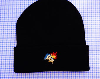 Pokemon Inspired Cross Stitch Beanie | Gengar & Cyndaquil | Handmade Embroidered Knit Hat | Geek Gift