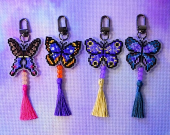 Hand-stitched Butterfly Cross Stitch Keychain, Korean Norigae Tassel Bag Charm