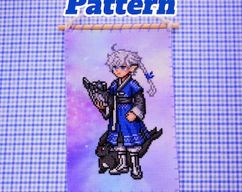 Wzór haftu krzyżykowego na hanboka Alphinaud z FFXIV, fanowska grafika Final Fantasy 14 w formacie PDF, nowoczesny wzór rękodzielniczy na hanboka, urocze hafty postaci z gry