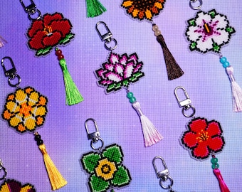 Flower Cross Stitch Keychain, Norigae Style Tassel Bag Charm, Korean Traditional Charm