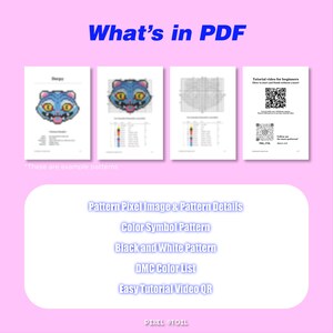 May include: A digital PDF guide with the title "What's in PDF" on a pink background. The guide includes example patterns, color charts, and a QR code for a tutorial video. The guide is for beginners.