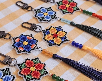 Korea Dancheong Norigae Beaded Tassel Cross Stitch Keychain | Handmade Kpop Accessory