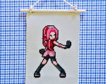 Naruto Sakura Anime Cross Stitch, Handmade Tapestry Wall Decor