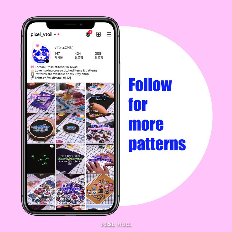 May include: A smartphone displays an Instagram profile with cross-stitch items and patterns. The profile includes a grid of photos showcasing various cross-stitch projects, with the text "Follow for more patterns" on a pink background.