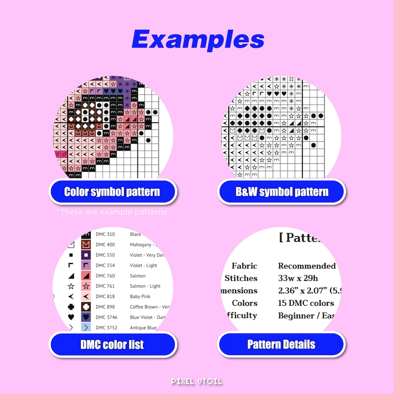 May include: An image with the word "Examples" at the top, showcasing cross-stitch patterns. It includes a color symbol pattern, a B&W symbol pattern, a DMC color list, and pattern details. The pattern dimensions are 2.36" x 2.07".