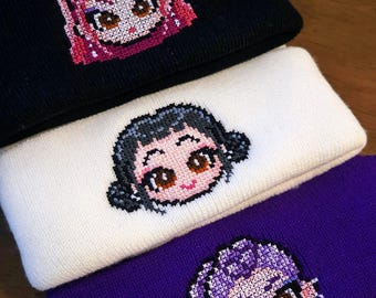 Handmade Kpop Demon Hunters Beanie hats / Rumi, Mira, Zoey cross-stitch hats